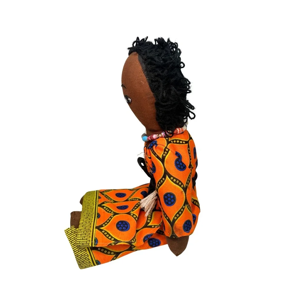 VTG Handmade African Folk Art Cloth Doll Orange Geometric Dress‎ Beaded Necklace